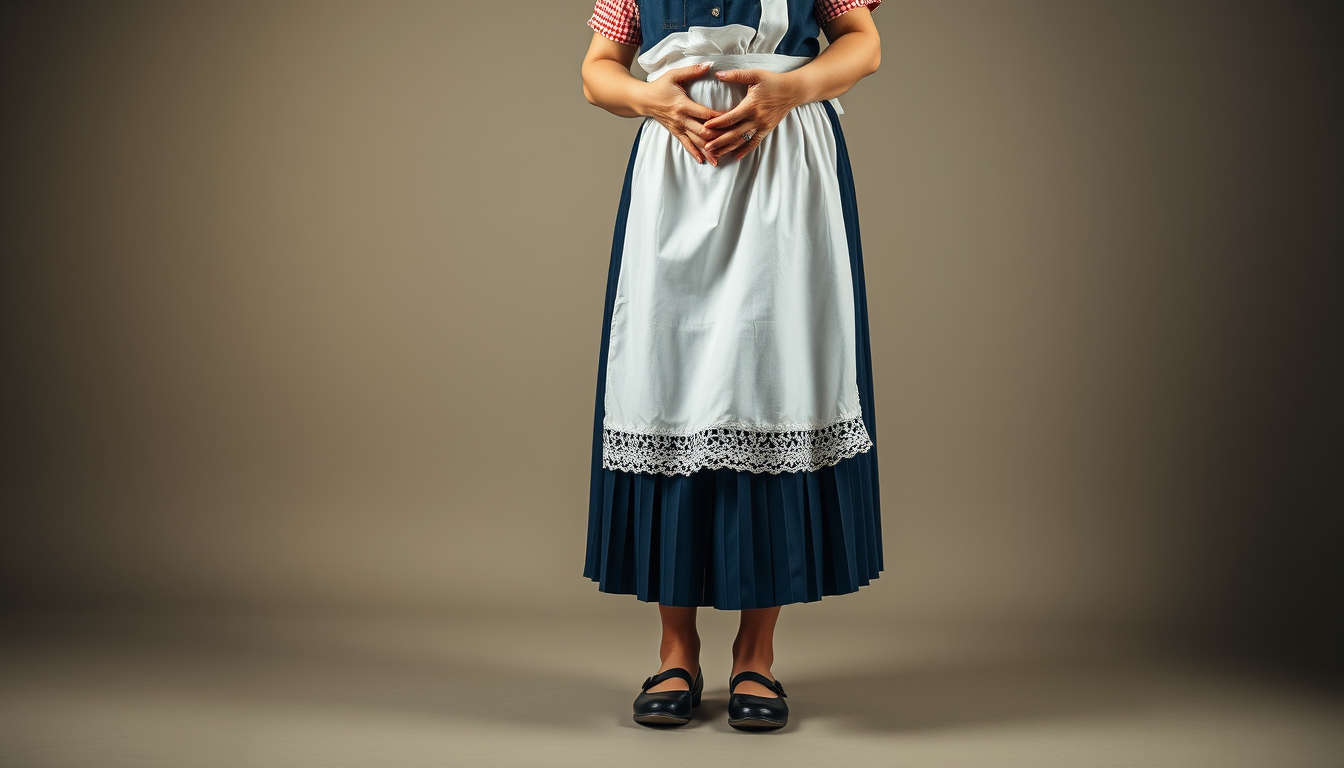 Main art studio: A curvy and busty old granny with a darkblue pleated skirt and a white lace half maid apron and with blck shoes