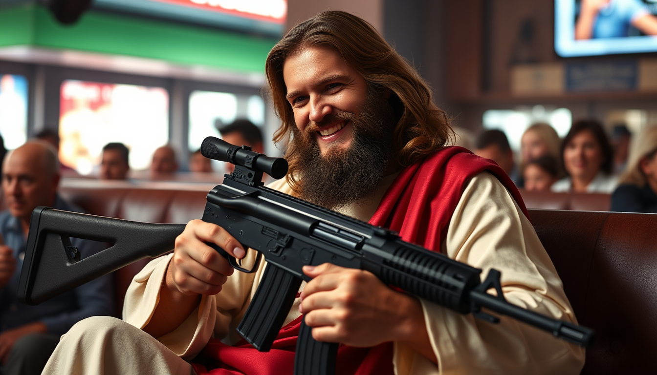 AI Art prompt example created from the prompt: Jesus sotting Donald Trump in the fave with an AK-47 and smiling
