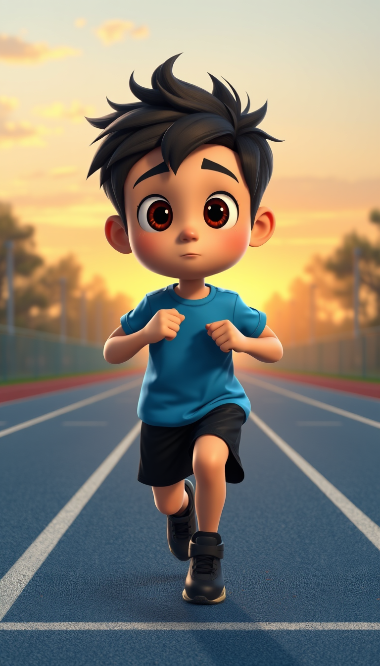 Main art studio: Exactly the same boy from the reference image. Keep his face, big round brown eyes, messy black hair, blue T-shirt, black shorts and black running sho
