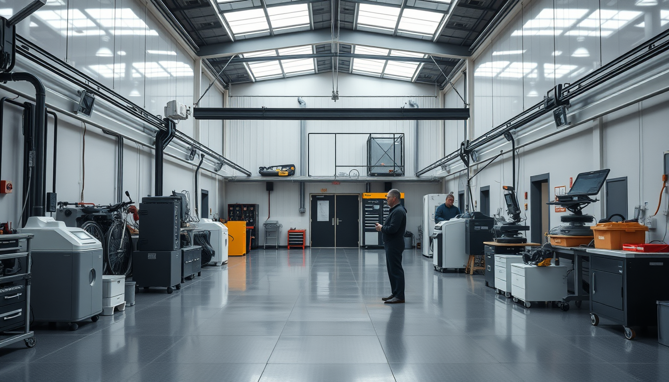 Main art studio: Generate a Manufactoring Place oder Hall. Calm vibe. Technical and Modern. Do not use dark colors or Black. Do not Show People.