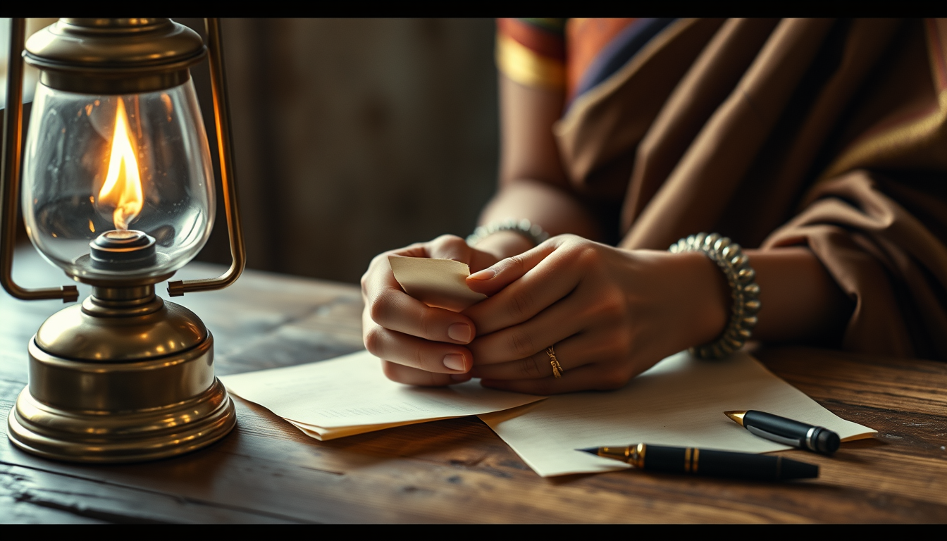 Main art studio: Ultra photorealistic cinematic close-up, Neera Arya's hands carefully folding a small secret note beside an old oil lamp, traditional saree sleeve vis