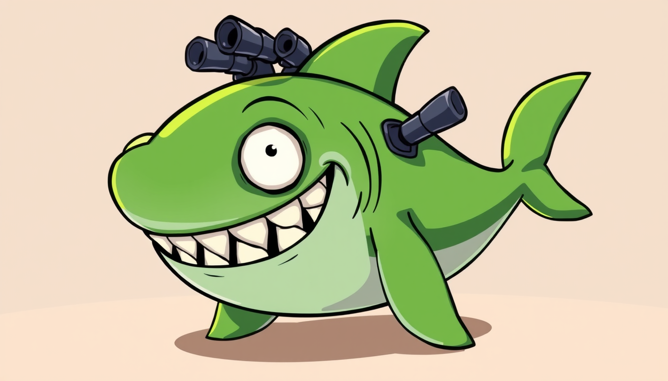 Main art studio: Funny 2D brainrot shark cartoon, silly and goofy, green shark with a huge funny smile, big white glowing eyes, three cannons on its back, tiny fins, e