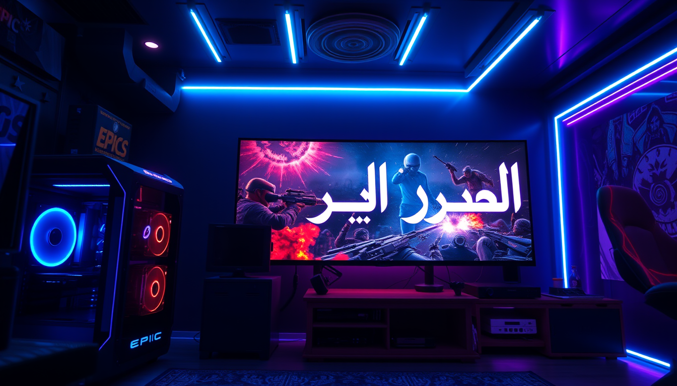 Main art studio: Epic gaming channel banner, dark futuristic gaming room, powerful gaming PC, RGB lighting, huge gaming monitor showing an intense action game, neon bl