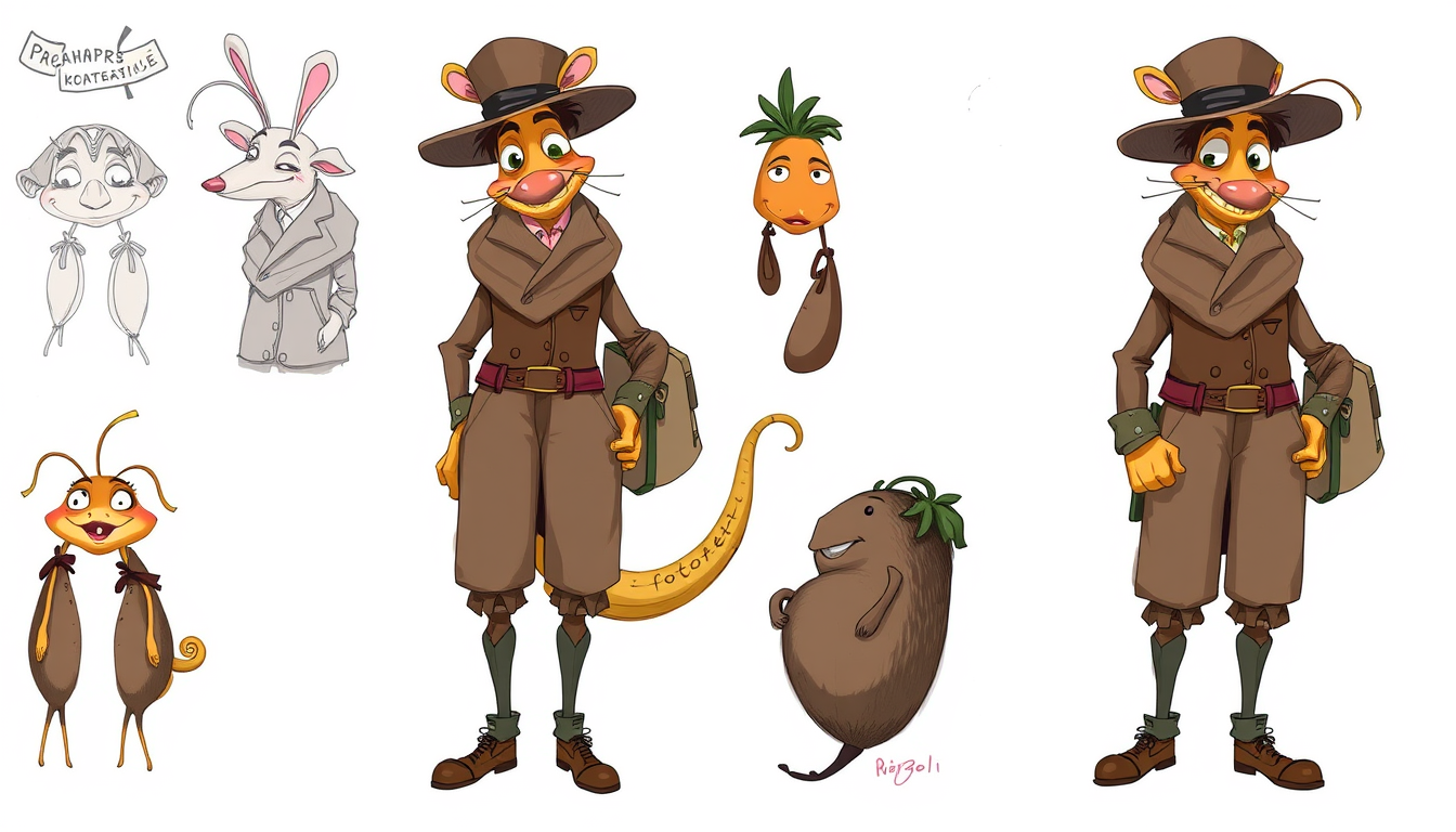Characters idea: original character design, detailed outfit and accessories, expressive personality, ratatouille , character concept art illustration