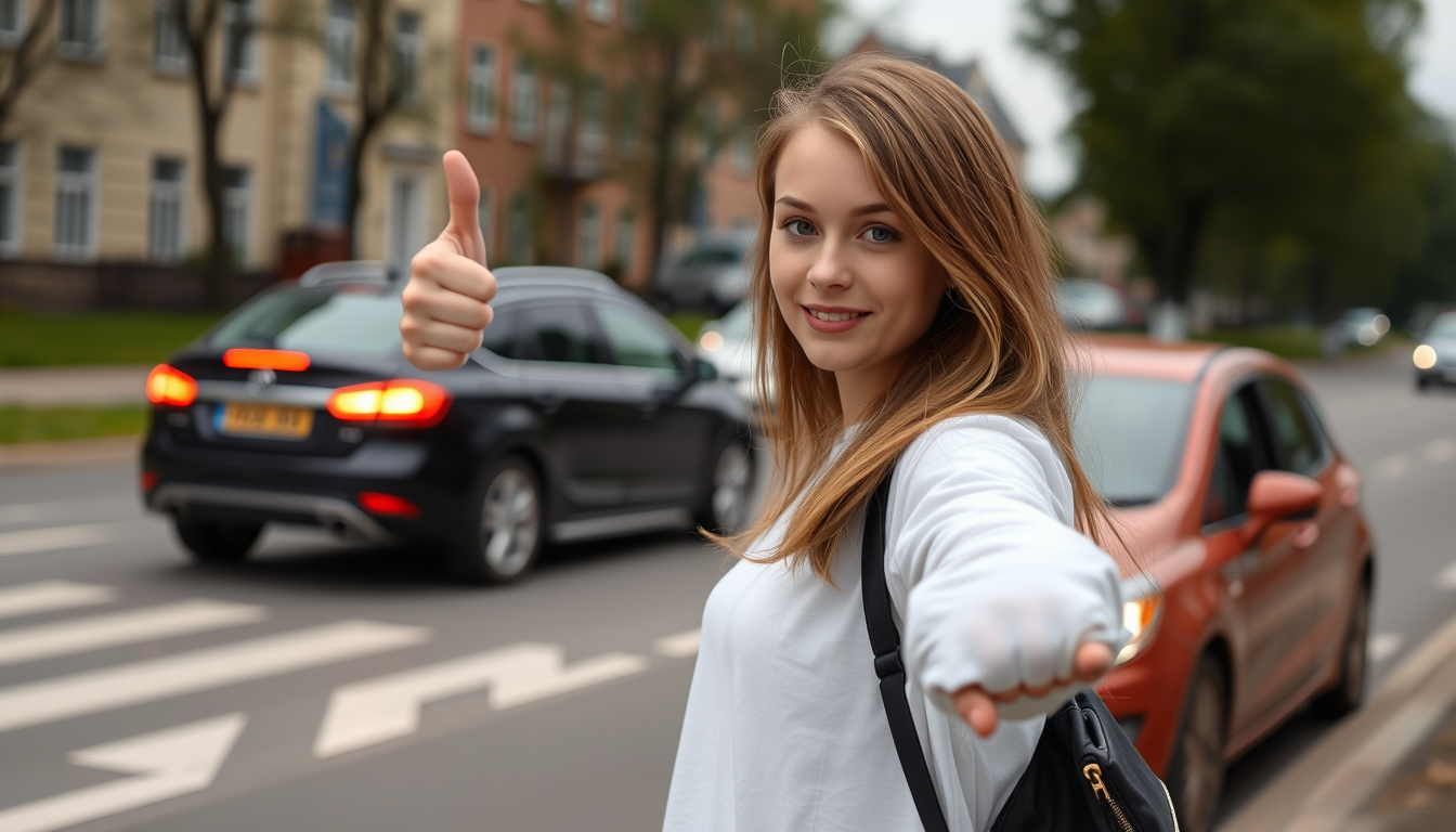 Main art studio: a young russian woman around 18 years old standing on the site of a street, holding her right hand out and thumb up seeing a car stops. only show the