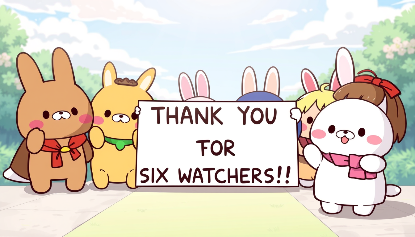 Main art studio: All sanrio characters holding up a sign saying "THANK YOU FOR SIX WATCHERS!!" Make it more anime-like and cute