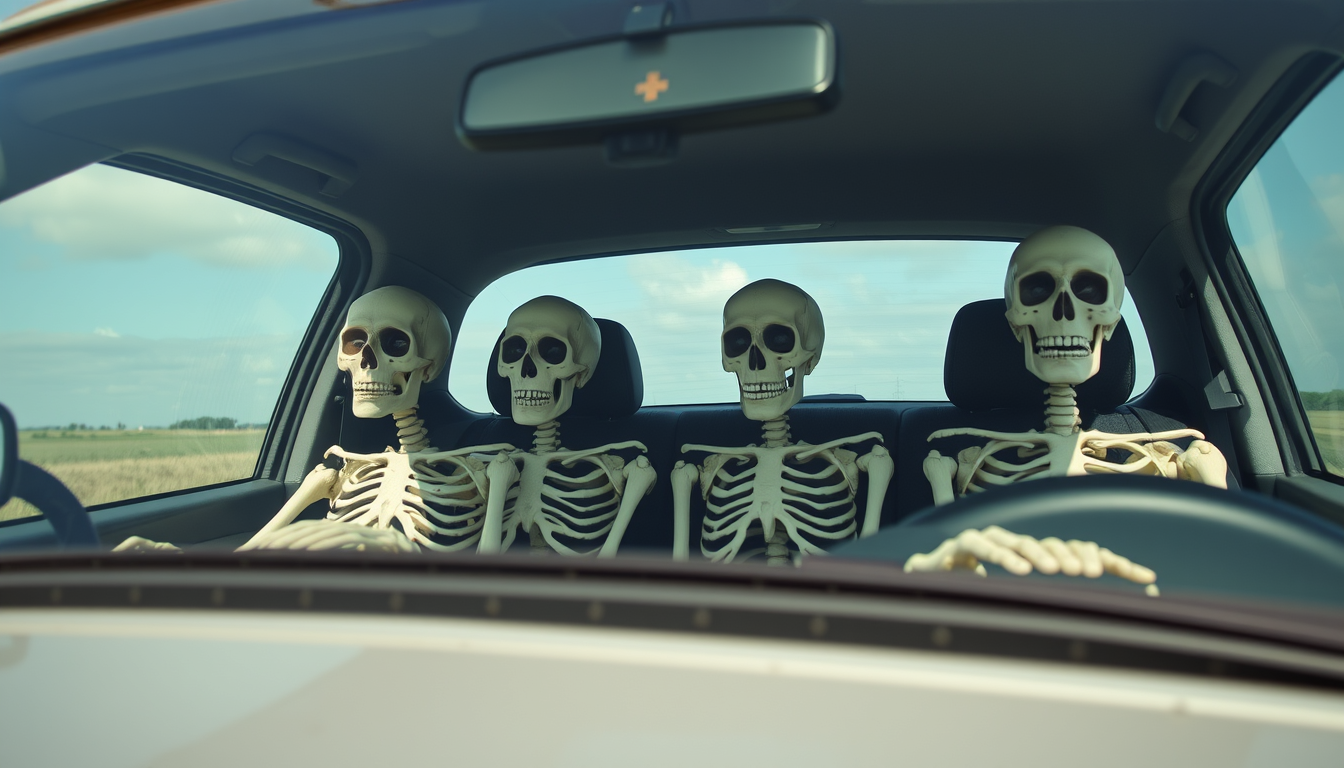 Main art studio: four skeletons in a car going to county meath