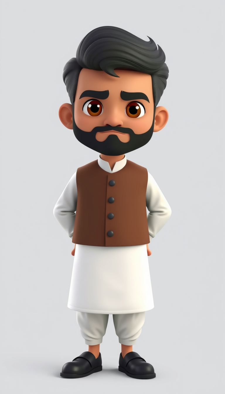 Characters idea: an original character defined by silhouette, role, outfit, palette, and expression, deliberate composition, 45-year-old Pakistani man, cartoon charact