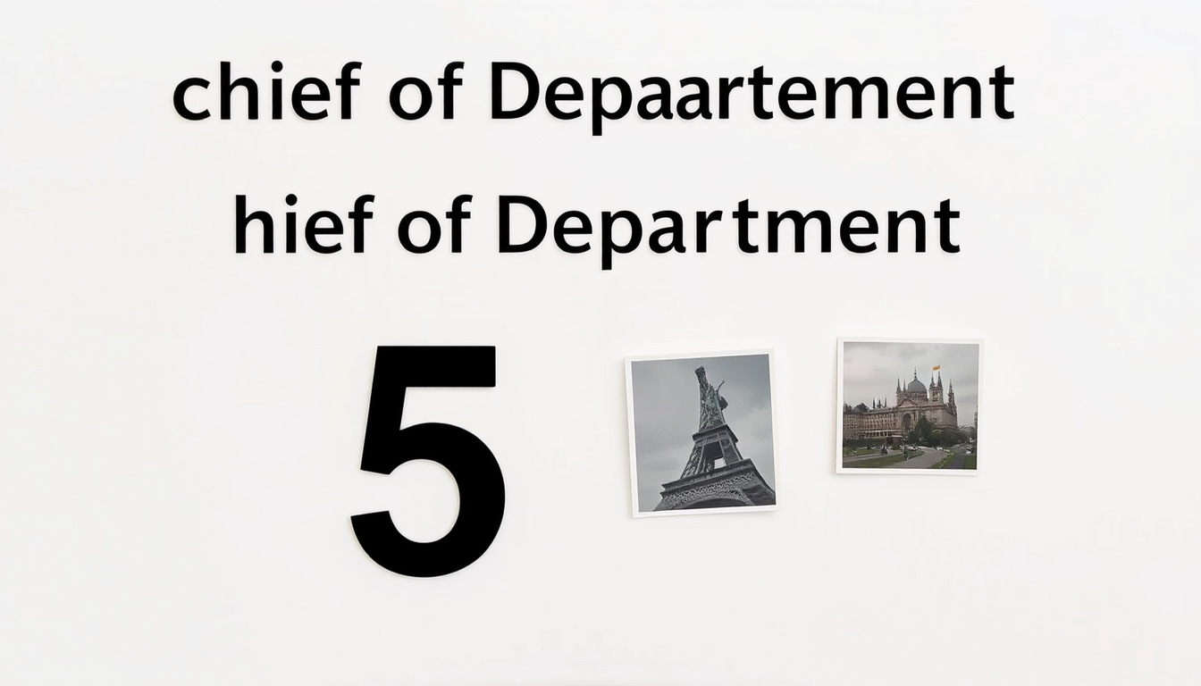 Main art studio: Ein bild mit der überschrift chief of Departement darunter die zahl 5. Darunter links und rechts platz lassen um zwei bilder in der Grösse 4x6cm einbr