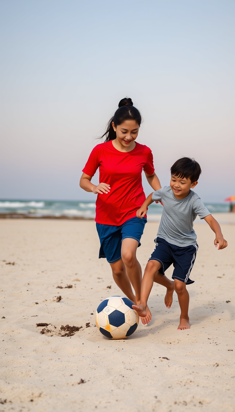 Main art studio: Asian woman with 10 years old european boy on beach, playing soccer