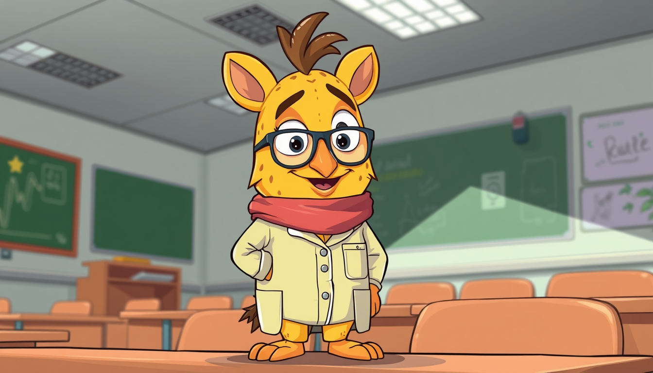 Main art studio: Crie um macaci usando roupa de professor, dentro de sala de aula. Estilo cartoon colorido
