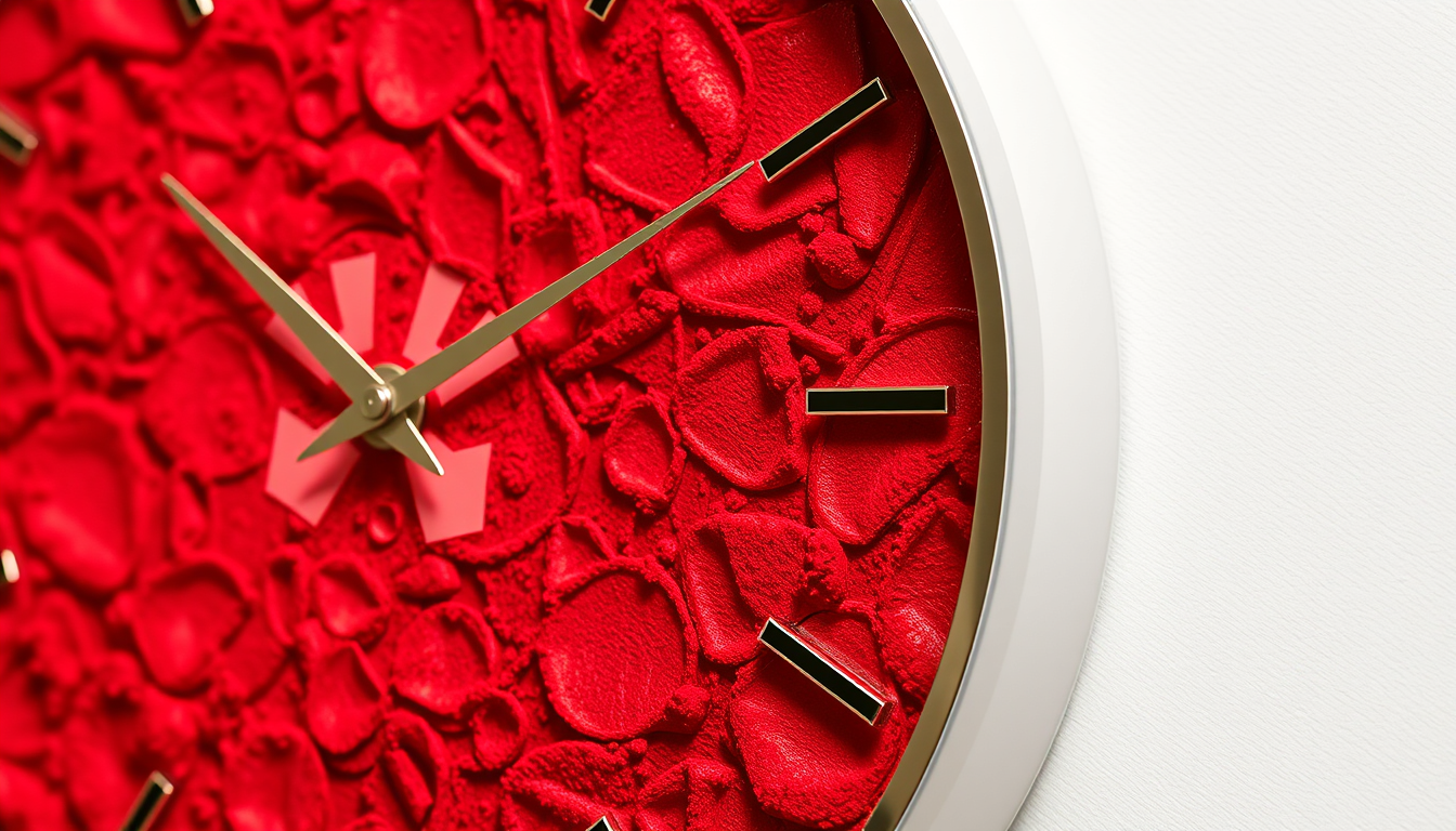 Main art studio: Resin wall clock with red velvet powder and raised texture applied using a stencil, realistic 3D embossed pattern, soft velvet fibers, glossy resin fi