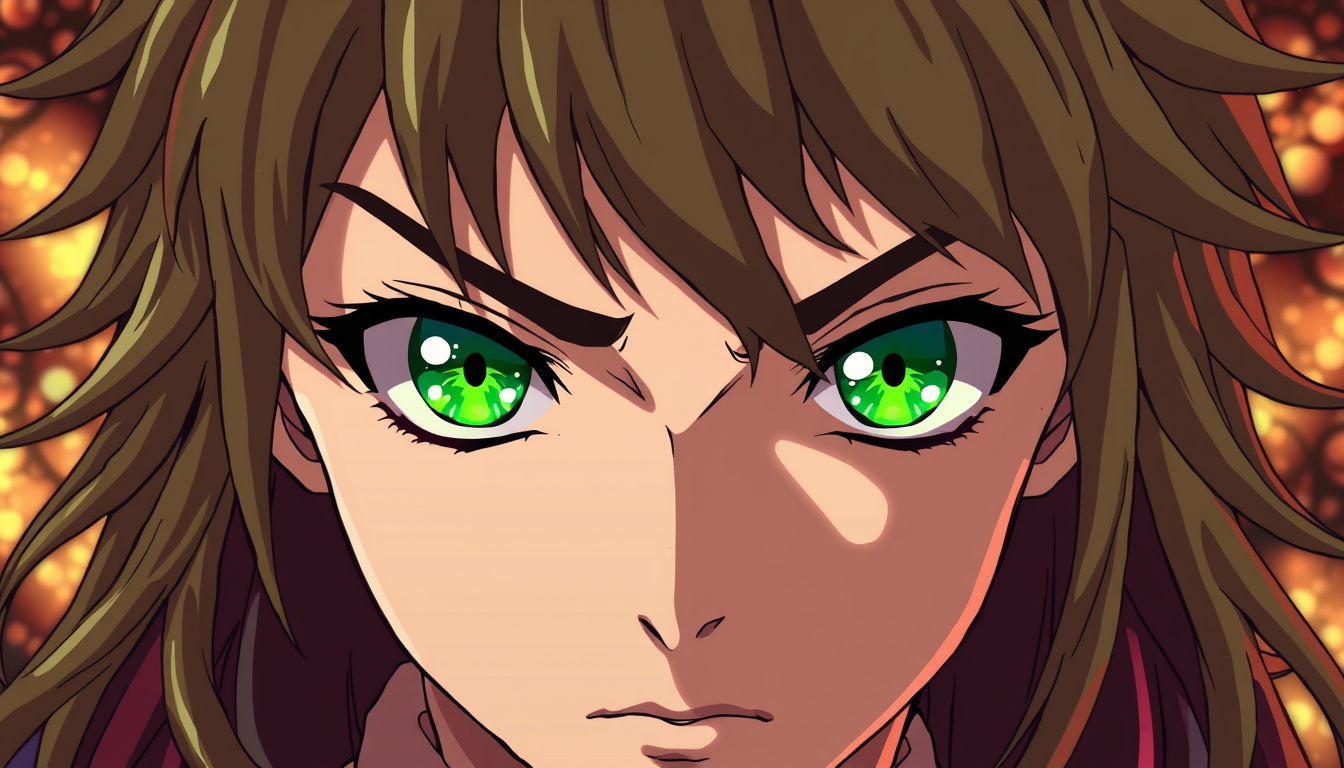 Anime idea: anime style, vibrant colors, expressive eyes, tan, dirty blonde/ brown hair who looks mysterious and intimidating with light green forest eyes and far