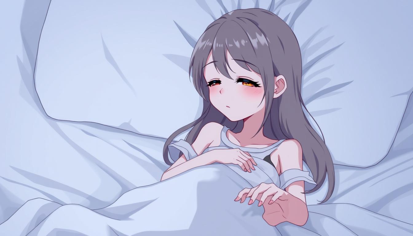 Main art studio: Genera una imagen de una chica con pijama suelta corta acostada en una cama con las piernas un poco abiertas con la cara sonrojada con los ojos cerrad