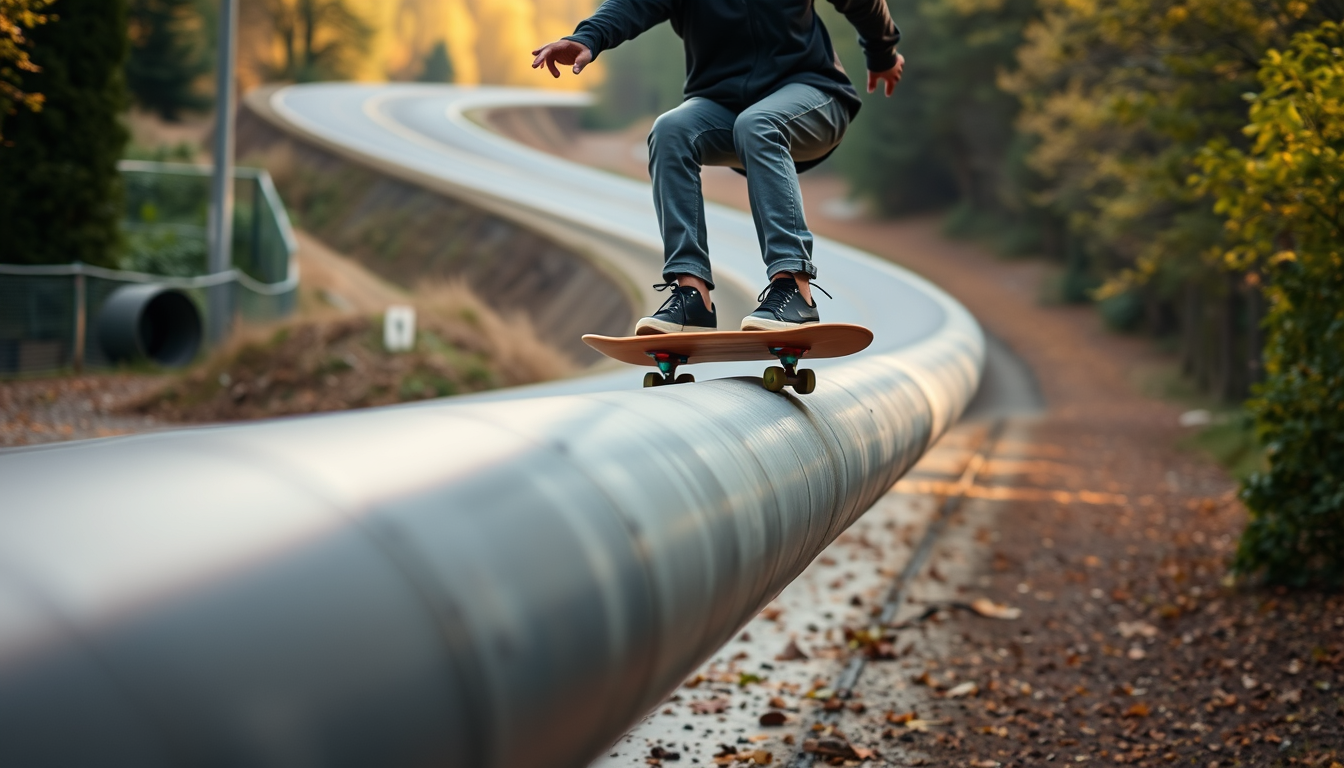 Main art studio: Skateboarder, der über eine Quadpipe fährt. Anstelle eines Skateboards, hat er einen Dackel unter seinen Füssen und fährt auf diesem über die Quadpipe