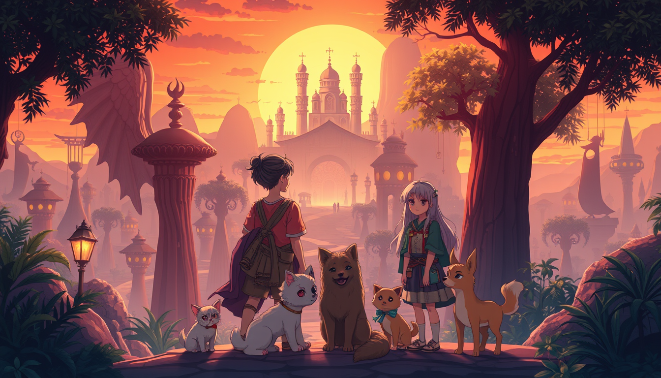 Main art studio: mesmerizing anime illustration that sunset city oasis, diverse friends standing together facing fear of the unknown, thye use an ancient map for their