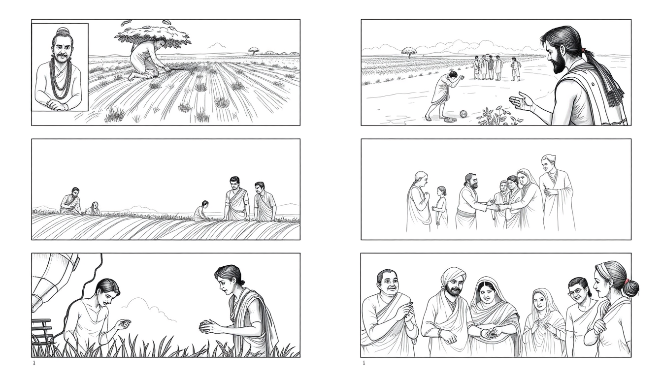 Storyboard idea created from the prompt: storyboard panels, cinematic shot sequence, clear camera angles, grayscale sketch layout, readable scene flow, Box 1: Lord Basavanna’s photo