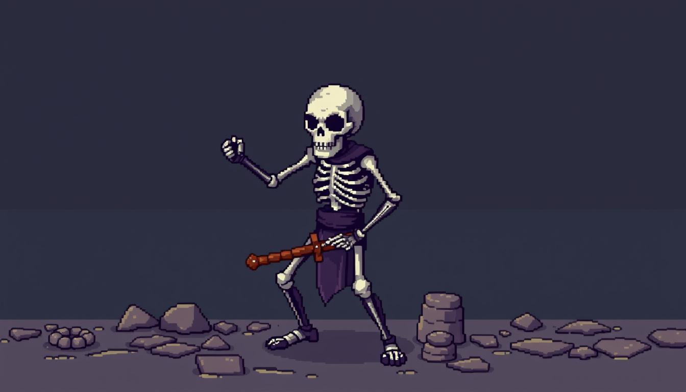 Sprite idea created from the prompt: pixel art game sprite, clean pixel grid, retro 16-bit palette, skelet with sword, retro dark fantasy, 3/4 look right, like old game heroes, 