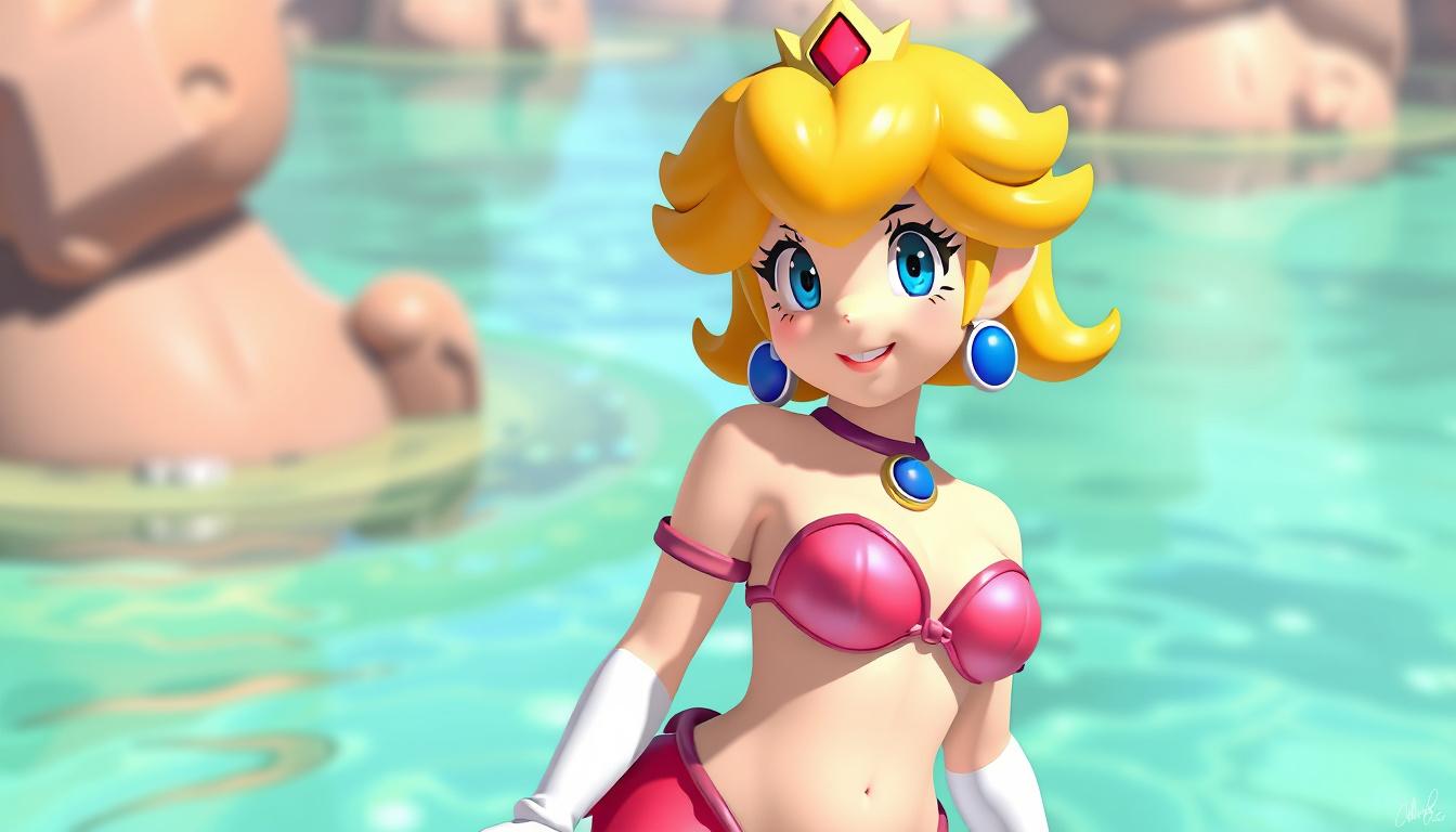 Main art studio: Bitte generiere ein Bild von Peach aus Mario wie sie mit Bikini im echten Leben aussehen würde