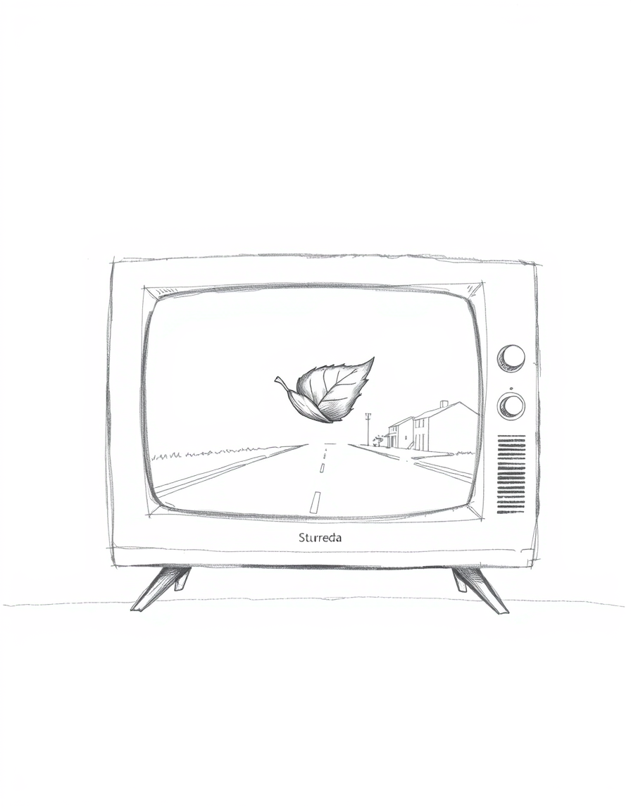 Main art studio: Minimalist black and white pencil sketch of a single television screen, shown front-facing and completely alone. On the TV screen, a cinematic scene o