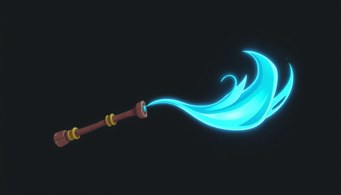 Game Asset idea: 2D game asset, clean isolated object, consistent art style, épée cartoon avec lame bleue lumineuse, isolée , game-ready asset illustration