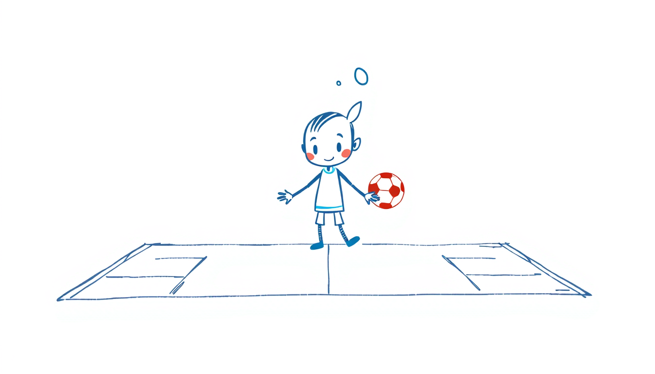 AI Art prompt example created from the prompt: Dibujo escolar sencillo y creativo, personaje azul tierno de fantasía en el centro, dividido en dos partes: cancha de fútbol con portería y