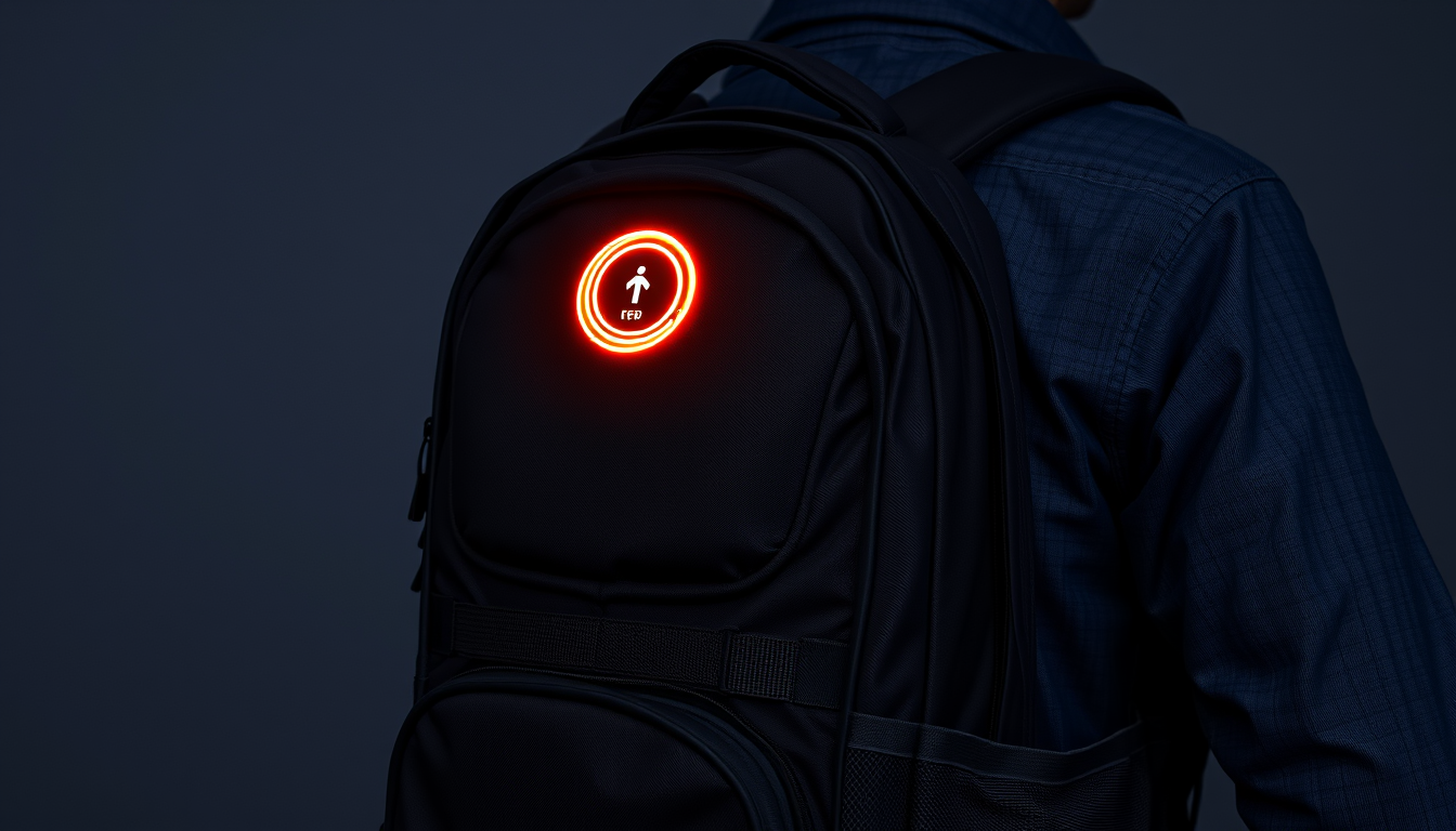 Main art studio: Erstelle mir ein Bild von einem Smart Rucksack mit LED, GPS, Sprachsteuerung. Am Besten einen etwas dunkleren Hintergrund ohne Handy.
