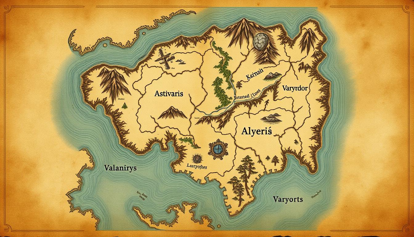 Fantasy Maps idea: fantasy world map, hand-drawn cartography, aged parchment, mountains forests and coastlines, GÉOGRAPHIE ET TERRITOIRES Le continent de Nyméria est div