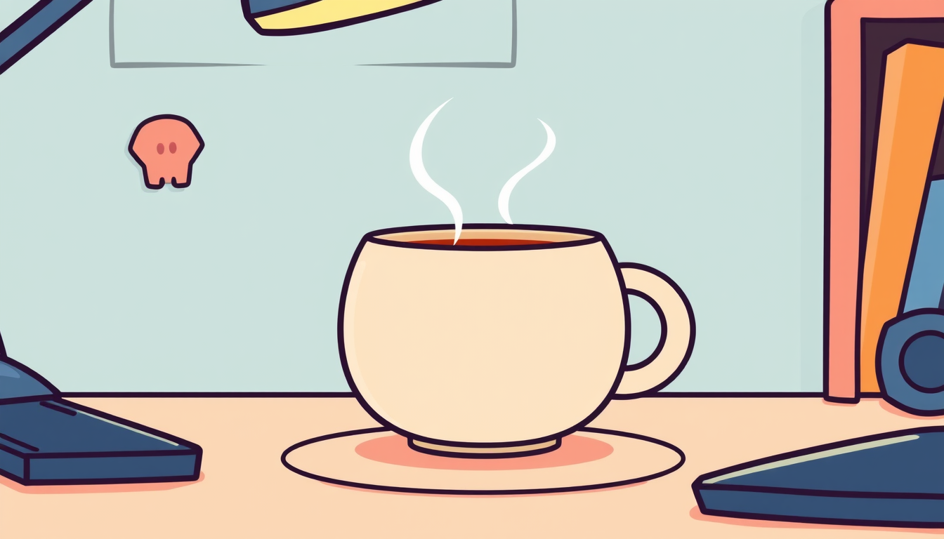 Main art studio: A cute 2D cartoon vector illustration of a warm tea cup for a Scratch-style game scene. A simple rounded ceramic mug on a desk, with thick soft black