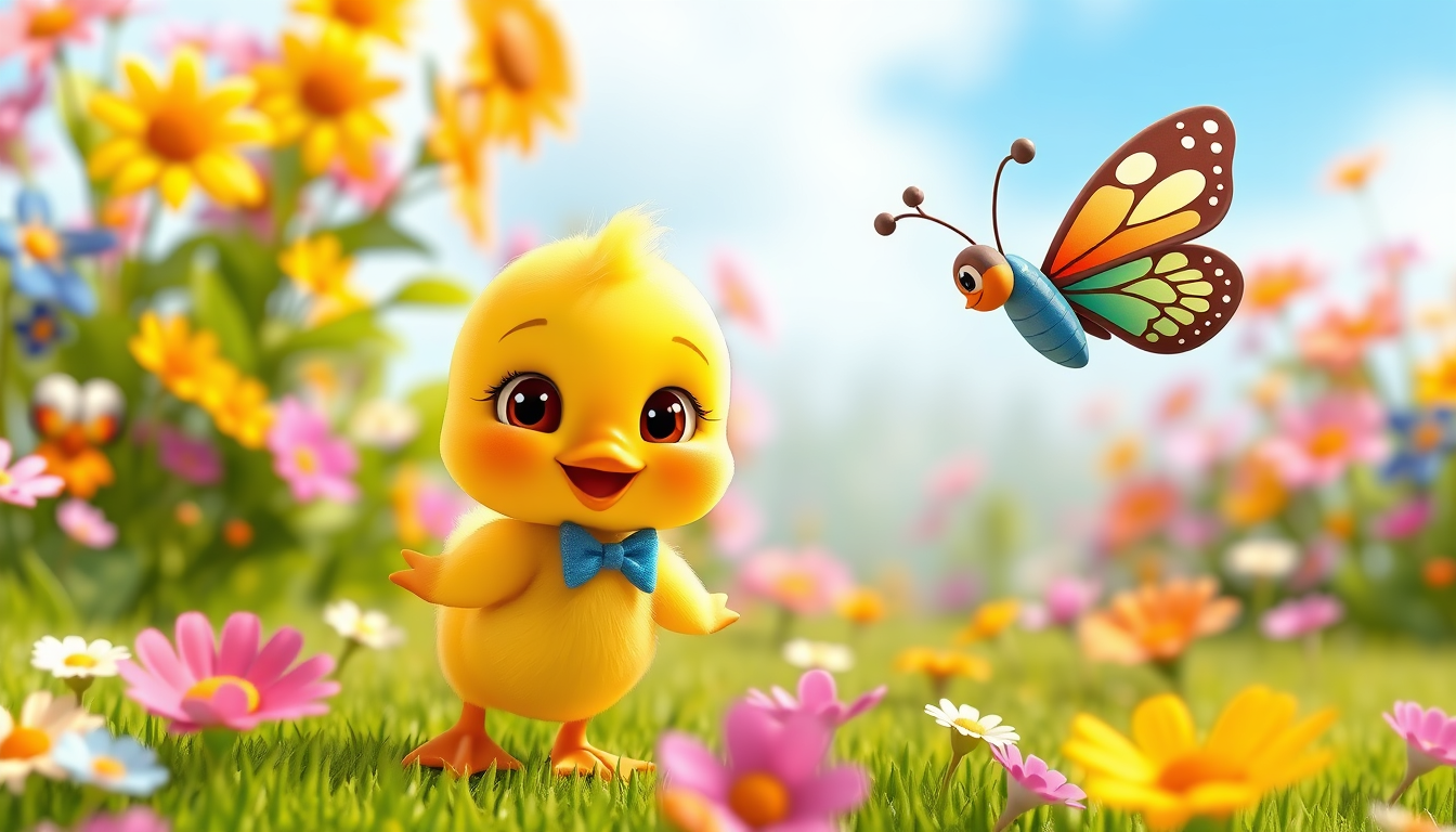Main art studio: The same cute little yellow duckling with round cheeks, big shiny brown eyes, a tiny orange beak, and tiny orange feet, wearing a small blue bow tie,