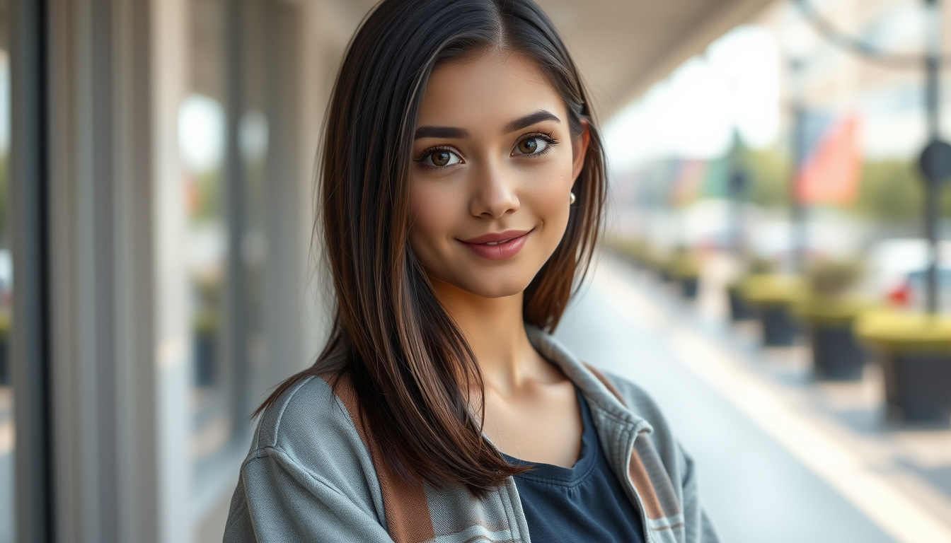 Main art studio: a realistic young woman named Valentina brunette with straight dark brown hair ,natural beautiful face dark brown eyes, realistic skin,casual moder cl