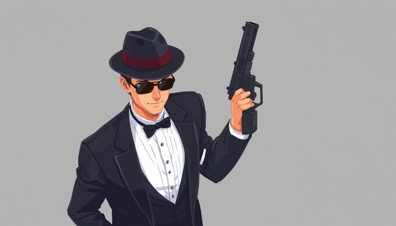 Game Asset idea: 2D game asset, clean isolated object, consistent art style, make an above-view video game pixelated Japanese P.I wearing a tuxedo, a fedora and he's h