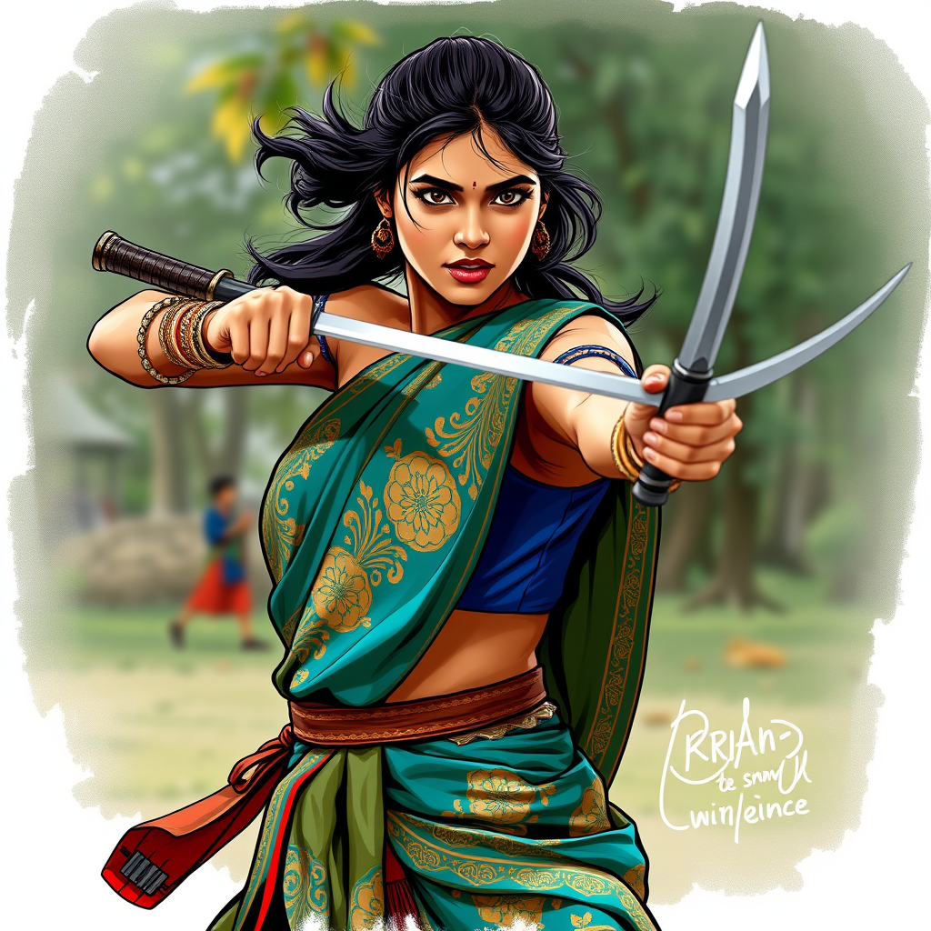 Main art studio: an outline of an indian looking, young woman, her hair loosely tied. she is dressed in a traditional sari with blue green and warm colors and powerful