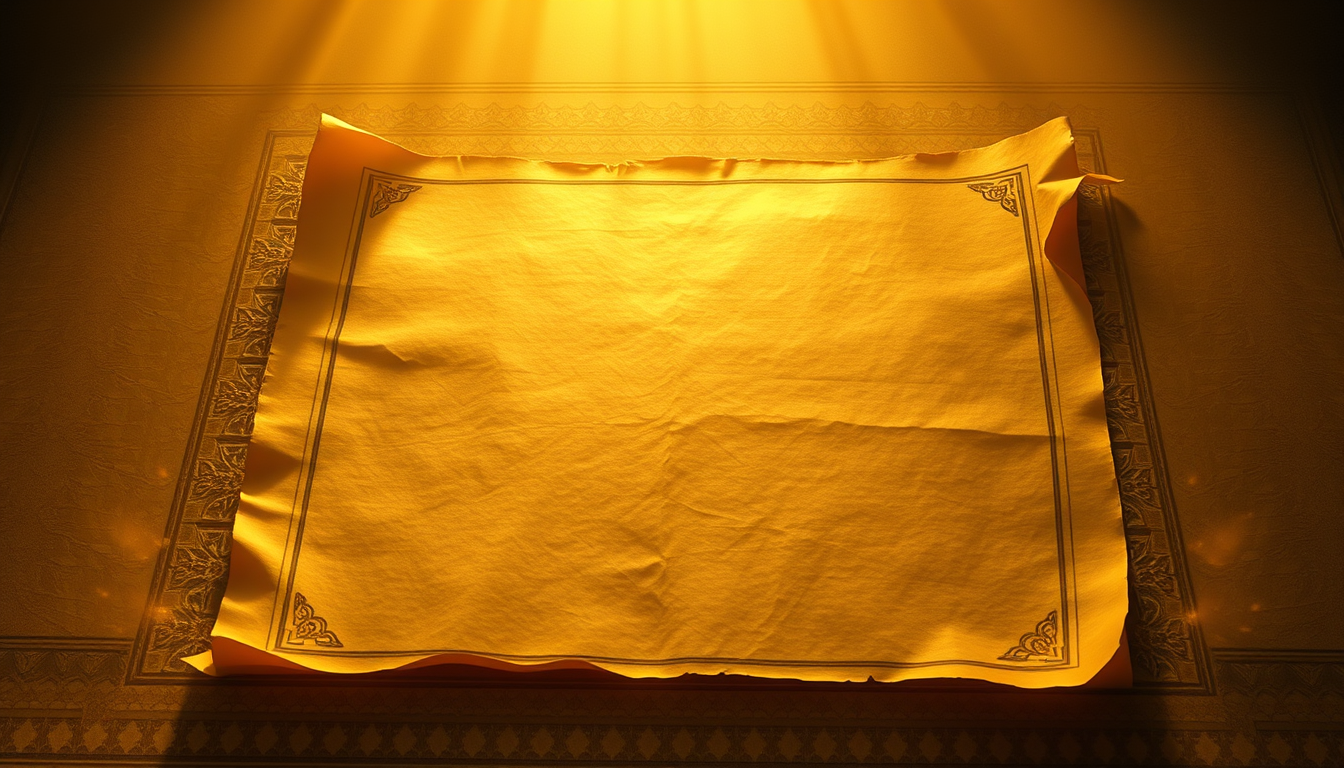 Main art studio: A glowing ancient parchment scroll surrounded by soft heavenly light, elegant Islamic geometric patterns around the border, warm golden atmosphere, sy