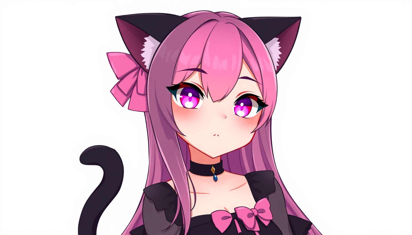 VTuber idea: vtuber avatar character, anime style, expressive face, streaming-ready design, pink-haired cat girl glowing eyes a black dress 2 pink bows and look li