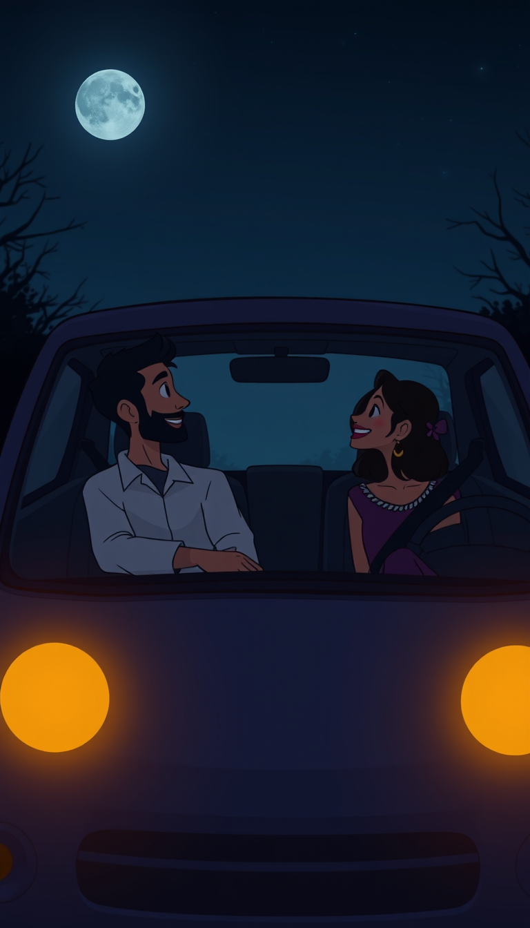Main art studio: Sameer and Anaya sitting together inside a parked car late at night, talking and smiling, emotional connection developing between them, dark empty roa