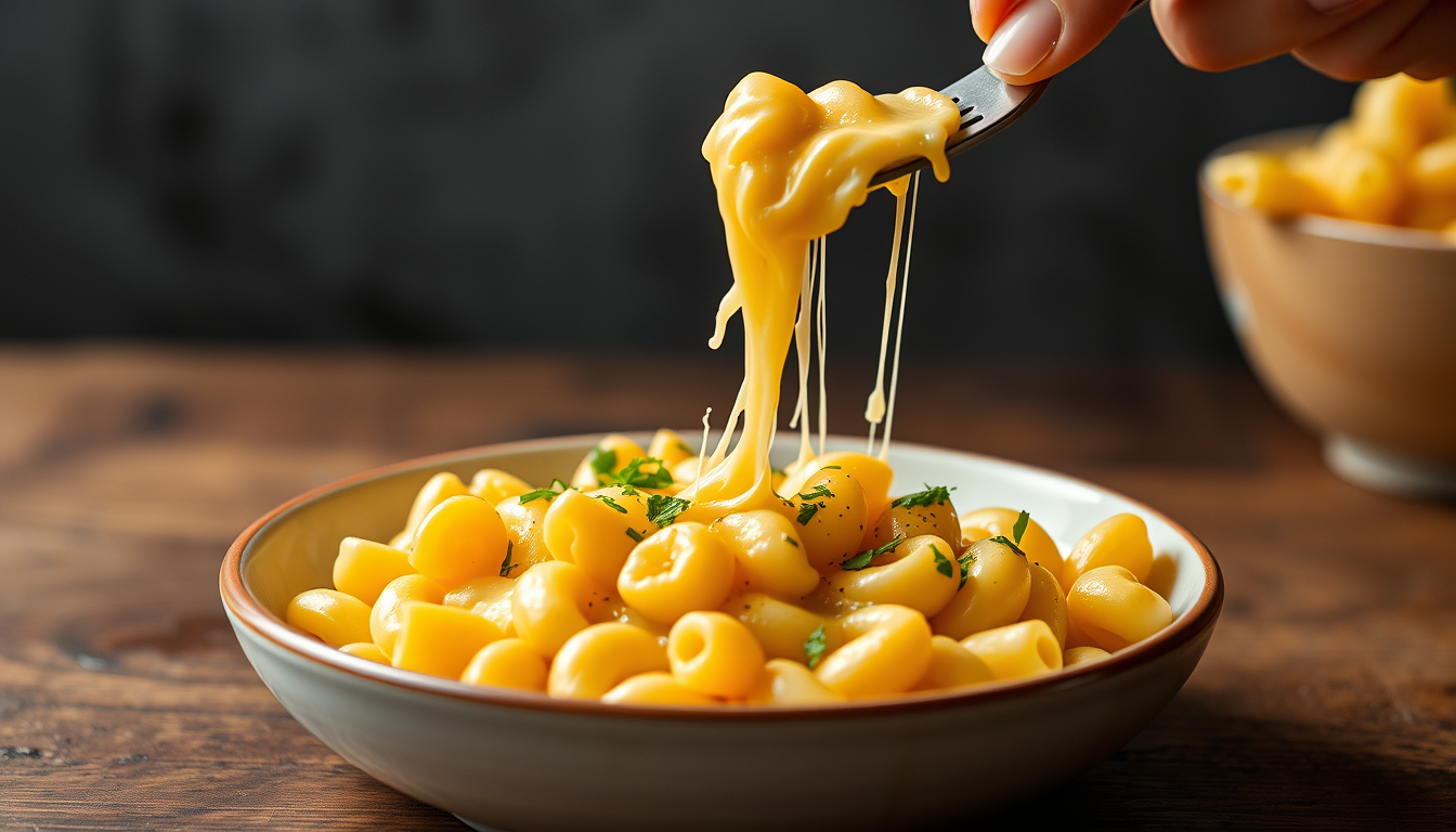 Main art studio: 🧀 Mini Mac & Cheese — pasta → creamy cheese sauce → cheese pull