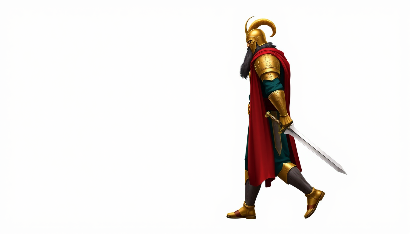 Main art studio: Rostam walking to the right, strict 90-degree side view. Same golden horned helmet, black beard, gold armor, dark teal clothes, red cape and silver sw