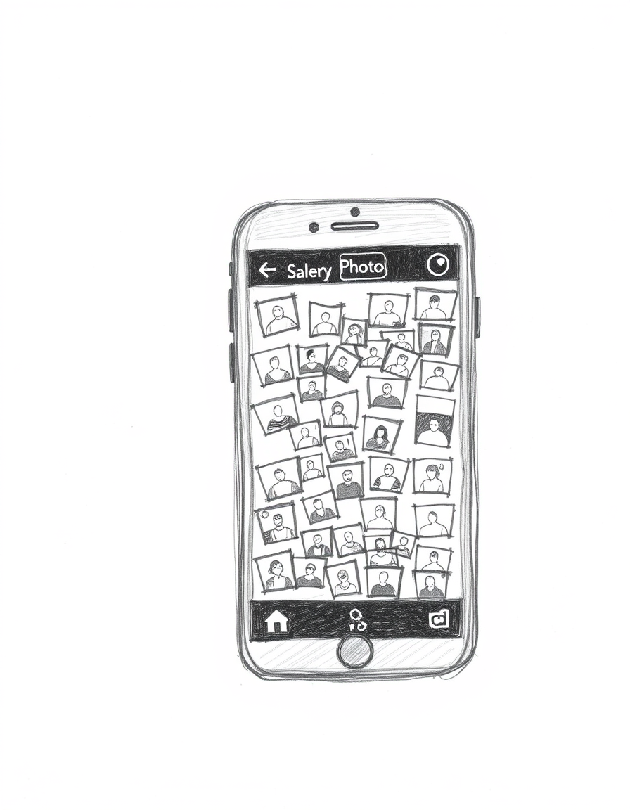 Main art studio: Minimalist black and white pencil sketch of a smartphone showing a gallery filled with many small photo thumbnails, all seemingly sent by the same per