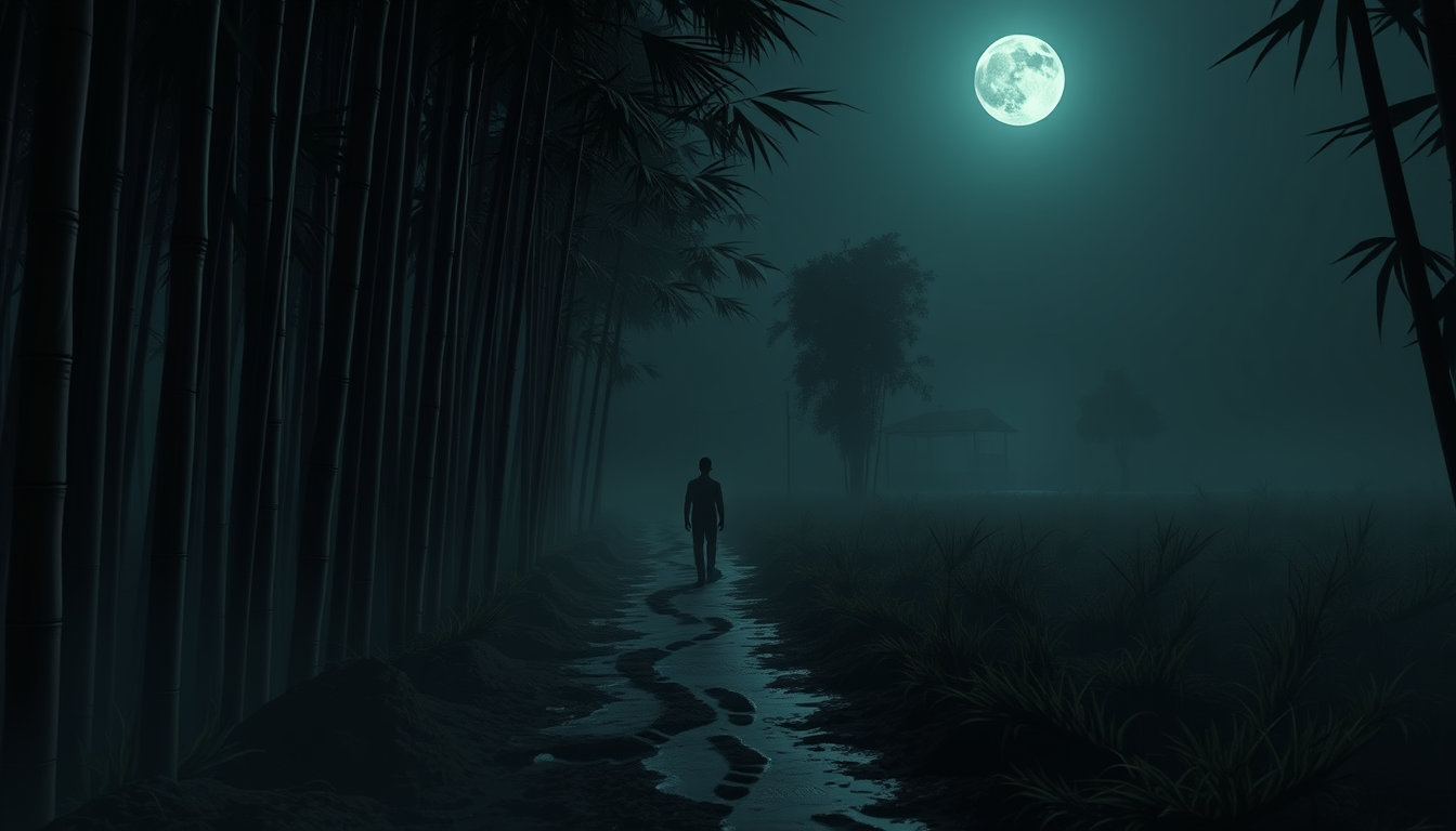 Main art studio: Semi-realistic 3D cartoon Bengali horror. A dark rural Bangladeshi bamboo grove at midnight, with tall swaying bamboo, thick mist, and reversed footpr