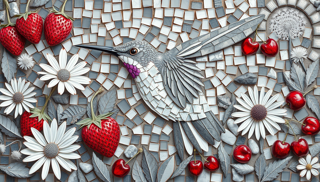 AI Art prompt example created from the prompt: Create a fantastical mosaic painting in every conceivable shade of gray. It depicts a grey hummingbird in the center, surrounded by grey str