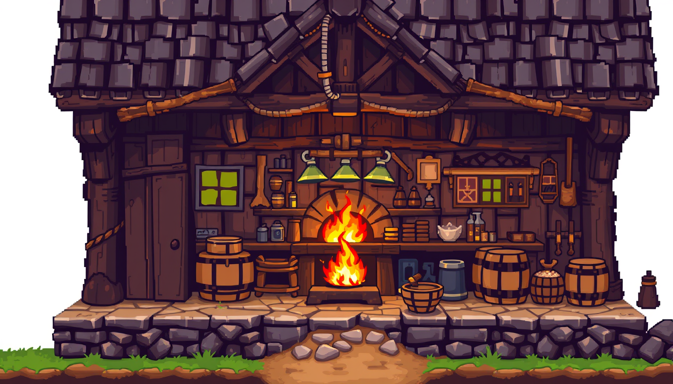 Main art studio: Pixel art game asset, a small medieval blacksmith shop, front-facing view, cozy fantasy RPG style, clean crisp pixels, limited color palette, strong r