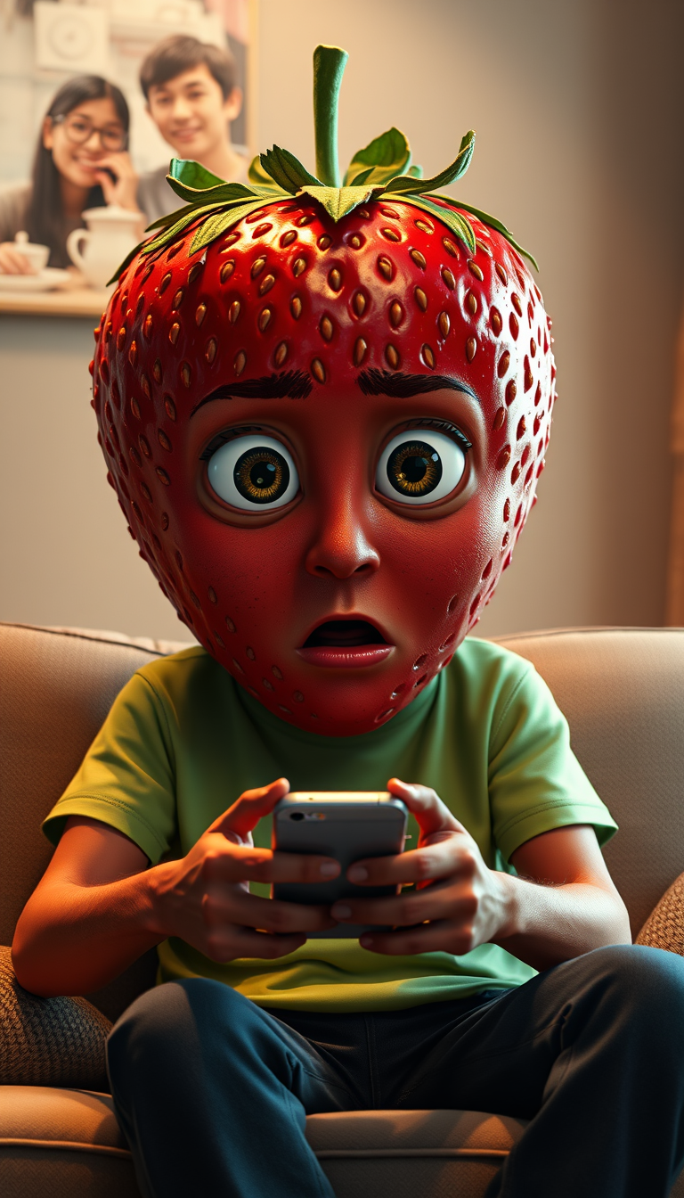 Main art studio: Anthropomorphic strawberry character, realistic cinematic 3D animation, giant strawberry-shaped head, detailed red skin and tiny seeds, green leafy cr