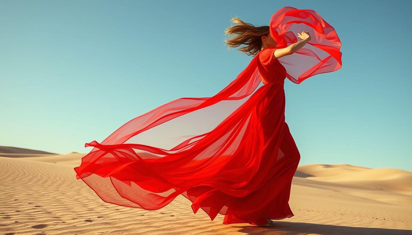 Main art studio: fashion editorial, flowing red transparent dress in a desert, dramatic wind, soft light