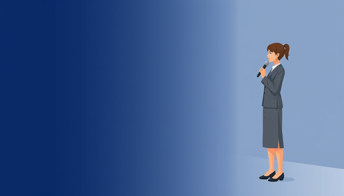 Main art studio: Wide 16:9 horizontal rectangular PowerPoint background, navy blue, gray and white. Realistic teenage girl in a long-sleeved gray outfit, holding a mic