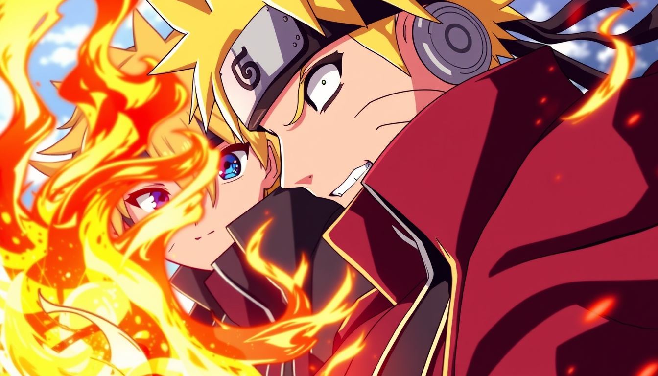Anime idea: anime style, vibrant colors, expressive eyes, Un perso drole et quand il s enerve il change direct avec le dourore de naruto et les cheiveux d ichigo