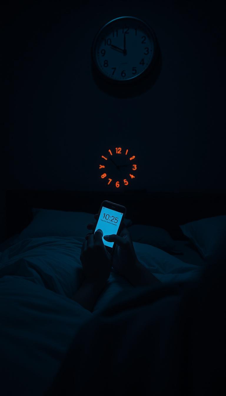 Main art studio: Person lying in bed using phone while clock shows late night time, dark room, glowing screen, sense of time passing, cinematic lighting, moody atmosph