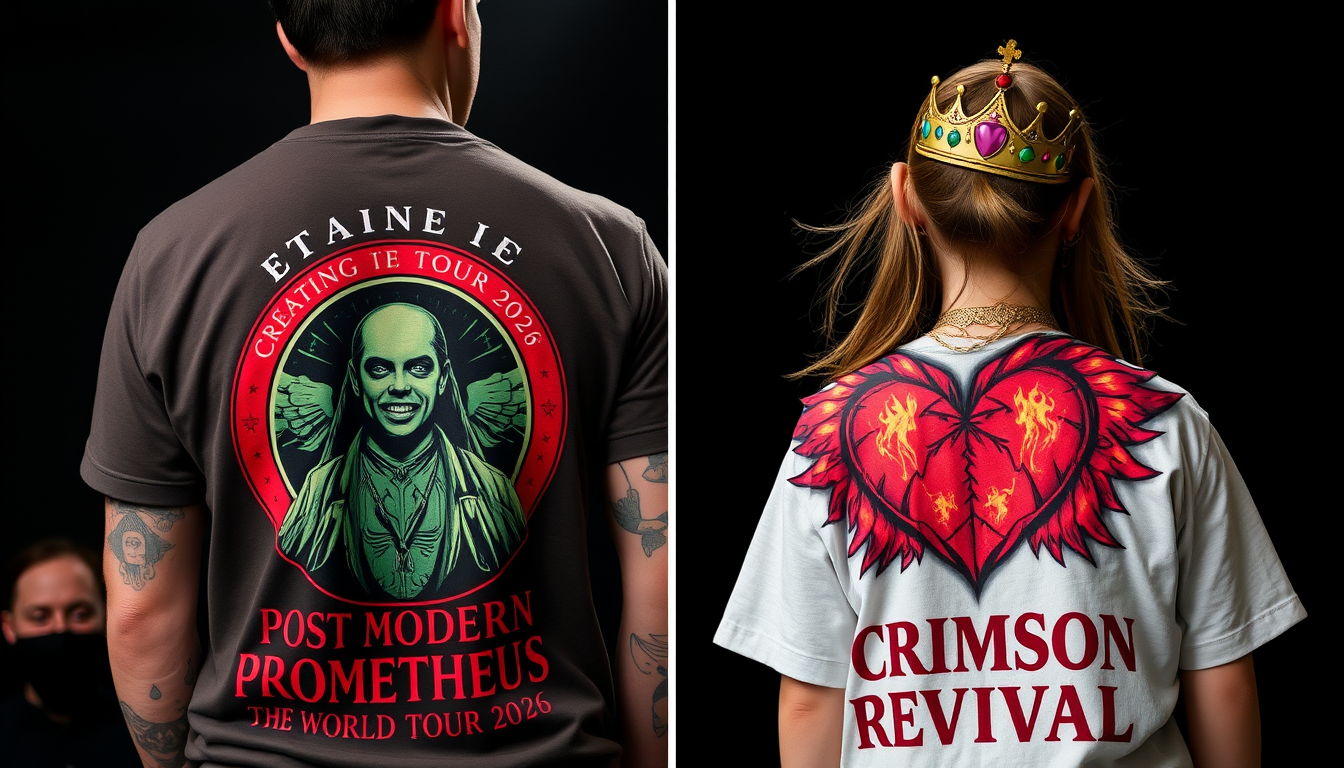 Main art studio: A man with a concert shirt on that has the name POST MODERN PROMETHEUS around a picture of Green Man with the words "CREATING THE WORLD TOUR 2026" on 