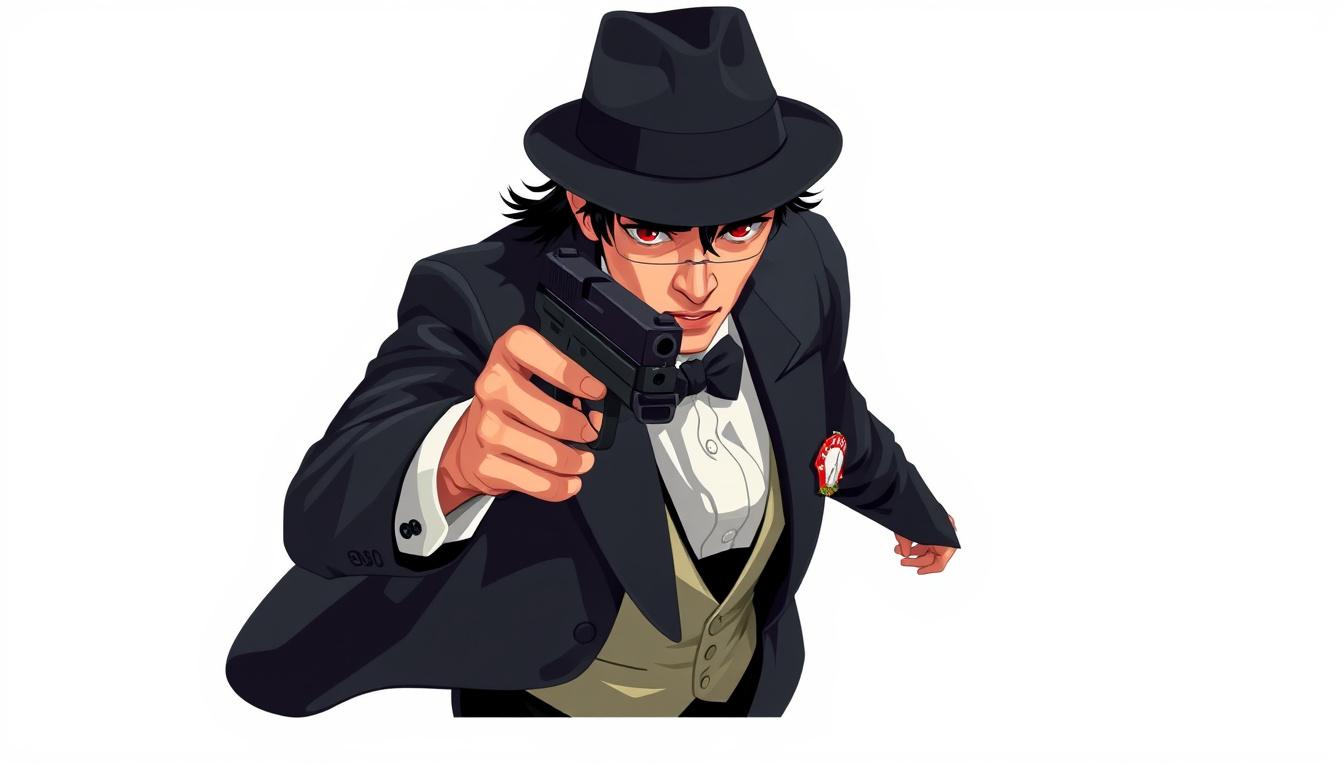 Game Asset idea: 2D game asset, clean isolated object, consistent art style, Pls make a top-view vision of a pixalated Japanese P.I wearing a tuxedo,fedora and he's ai
