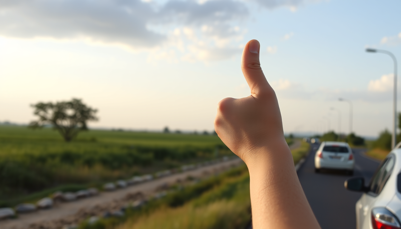Main art studio: show a young female arm with thumb up. rural road and cars passing by